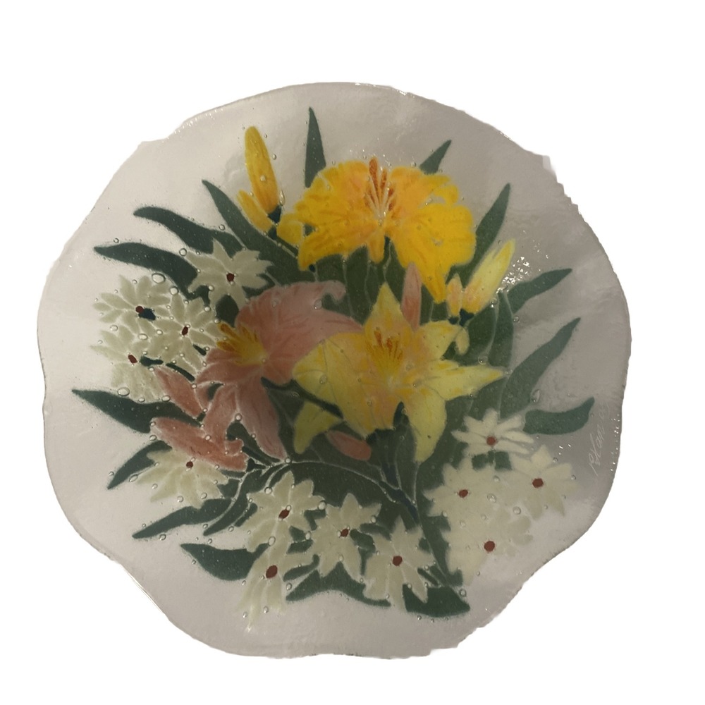 Peggy Karr  Signed Fused Art Glass Tropical Floral Daisy Ruffled Bowl  11"